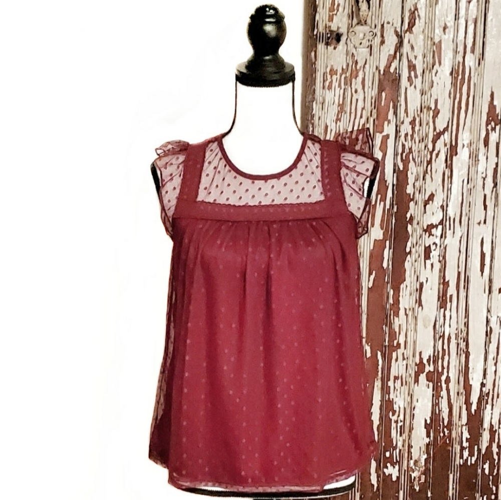 No Boundaries Dot Mesh Blouse Burgundy Size M